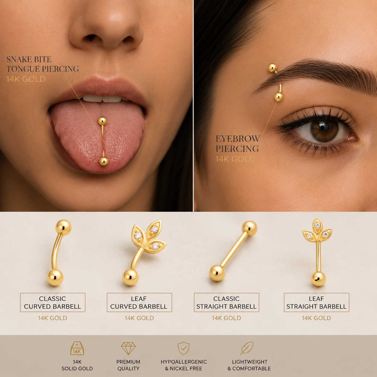 14k Eyebrow | Curve Barbell - Body Jewelz Inc