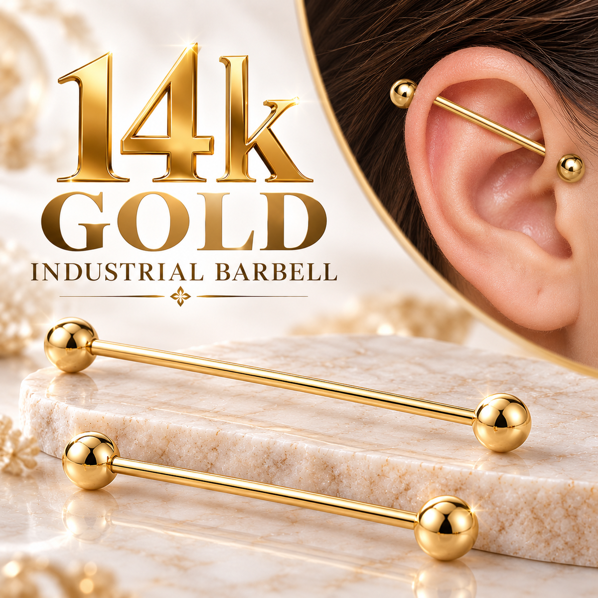 14k Gold Industrial Barbell