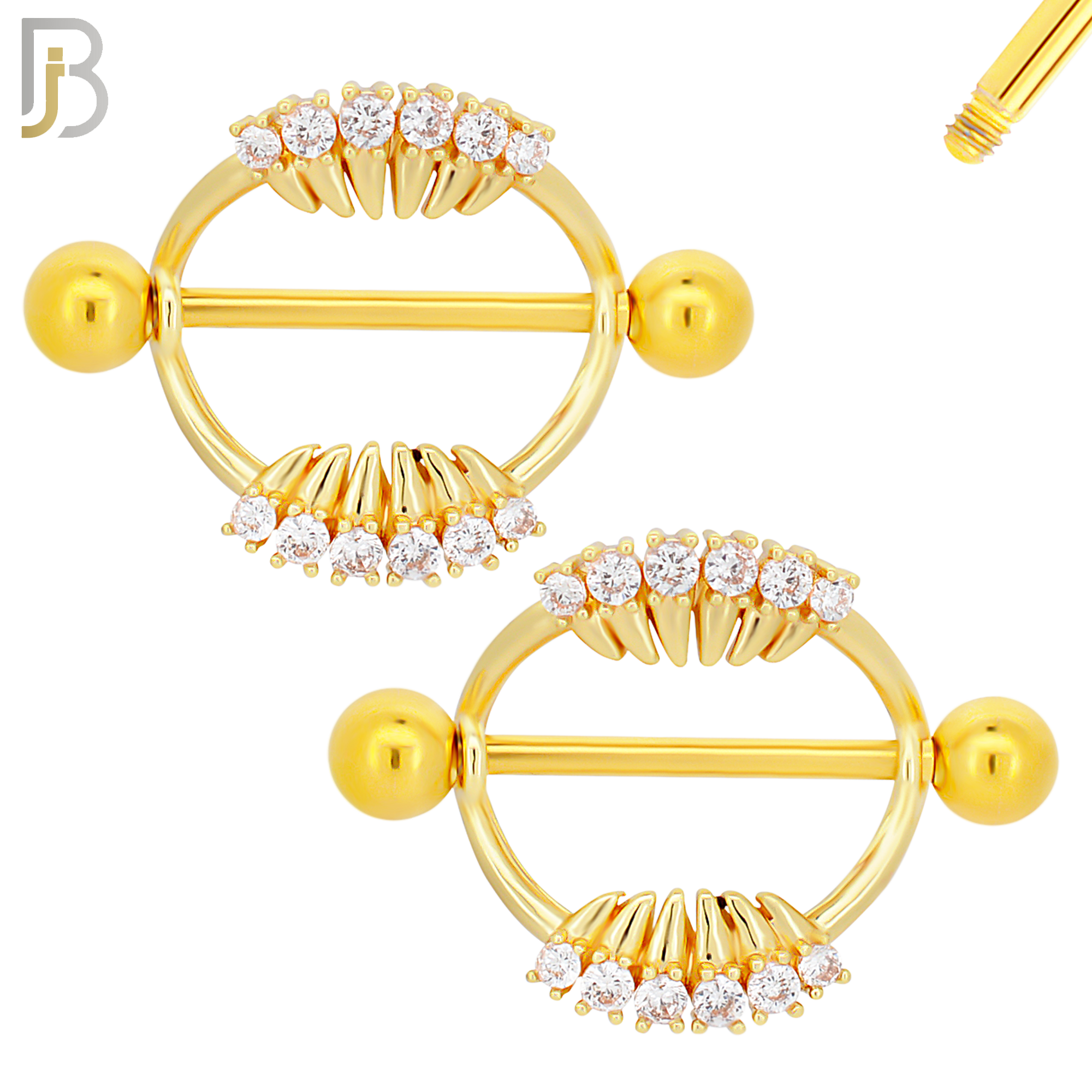 NP33 - 316L Surgical Steel Screw Shield Barbell with Teeth Design Zircon Pair image 2