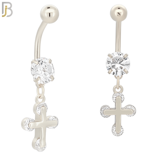 N035 - 316L Stainless Steel Dangling Cross with Zircon Design Belly Ring with 5mm Screw Ball image 1