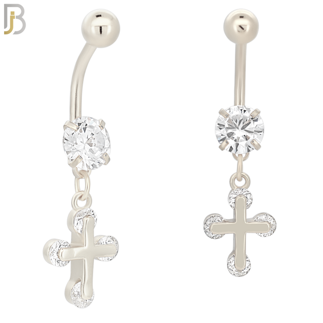 N035 - 316L Stainless Steel Dangling Cross with Zircon Design Belly Ring with 5mm Screw Ball image 1