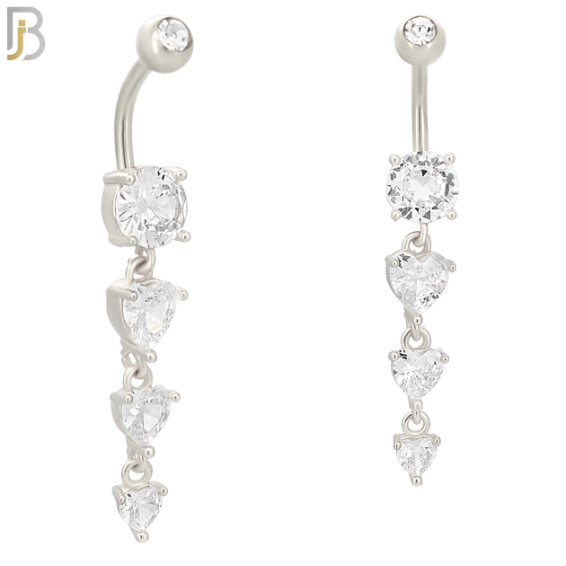 N091  - 316L Stainless Steel Round Zircon with Dangling Line of Heart Shaped Zircon Belly Ring image 1
