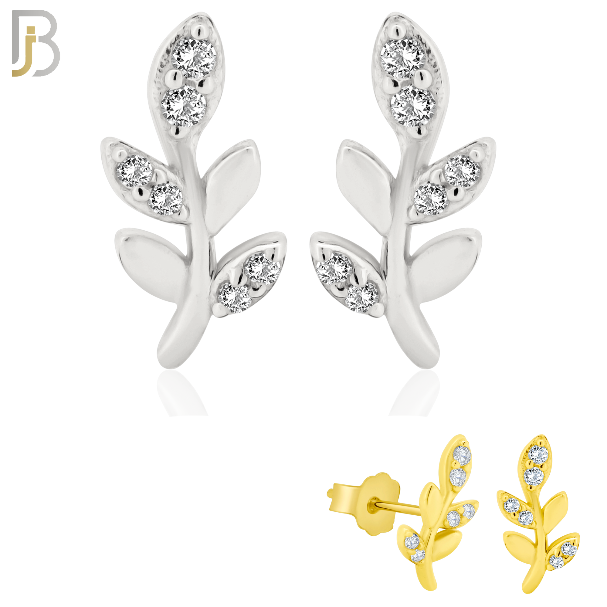 925-ES262 - .925 Sterling Silver Vine Leaf with Zircon Design Earrings Stud image 0