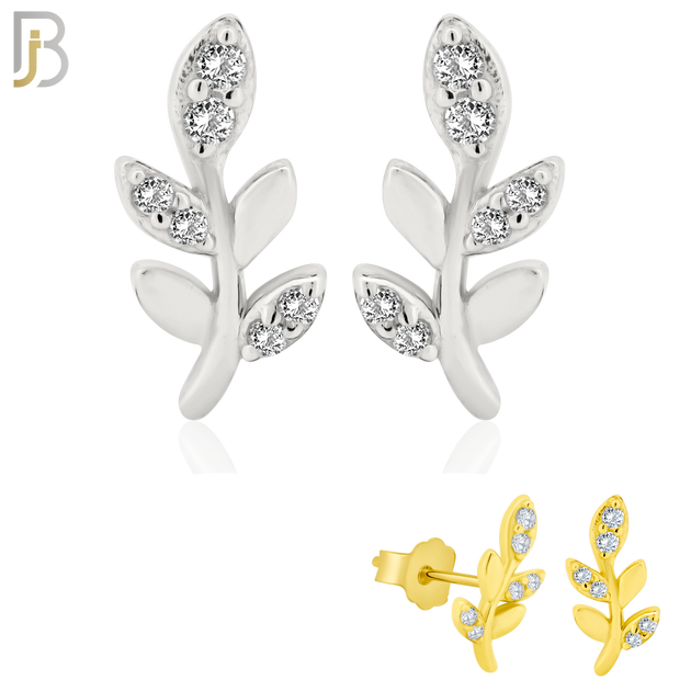 925-ES262 - .925 Sterling Silver Vine Leaf with Zircon Design Earrings Stud image 0