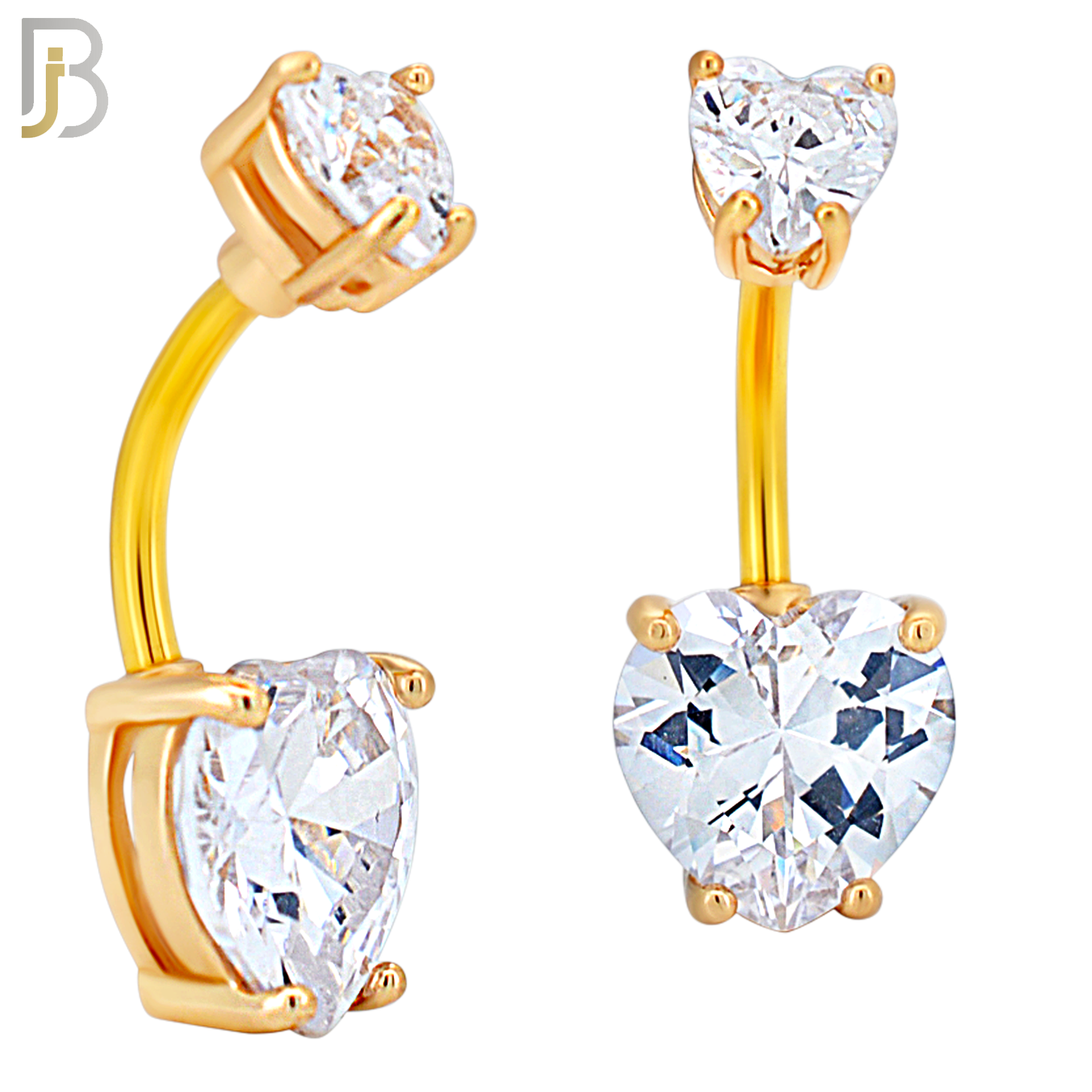 NB72 -  316L Stainless Steel Banana Belly Ring with Prong Set Double Heart Shaped Cubic Zirconia image 2