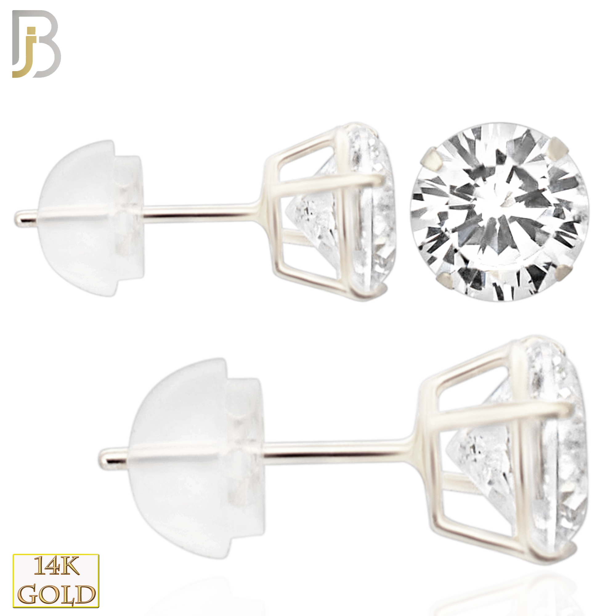 14-ES06WC - 14K White Gold Silicone Back Stud Earrings Casting Prong Setting with Round Clear Zircon image 0