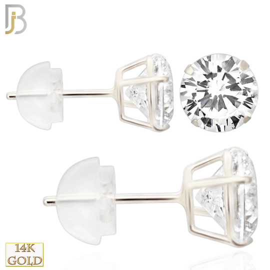 14-ES06WC - 14K White Gold Silicone Back Stud Earrings Casting Prong Setting with Round Clear Zircon image 0