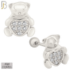925-ES372 - Screw Ball Back - .925 Sterling Silver Bear with Pave Heart Shaped Center Stud Earrings image 1