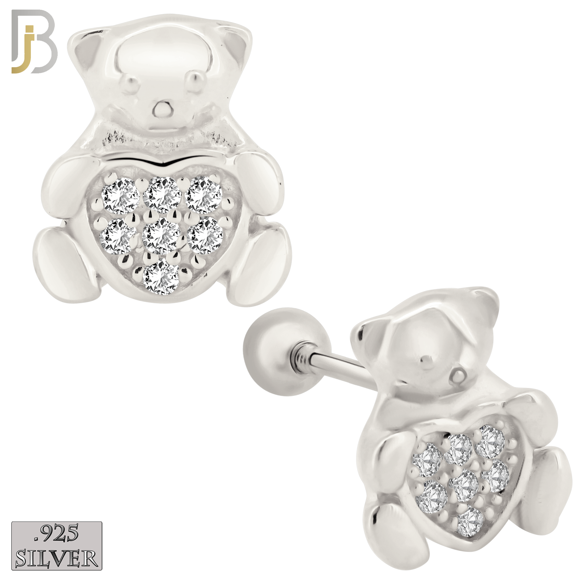 925-ES372 - Screw Ball Back - .925 Sterling Silver Bear with Pave Heart Shaped Center Stud Earrings image 1