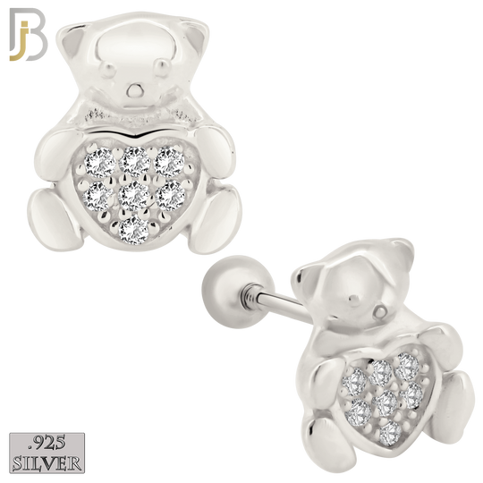 925-ES372 - Screw Ball Back - .925 Sterling Silver Bear with Pave Heart Shaped Center Stud Earrings image 1