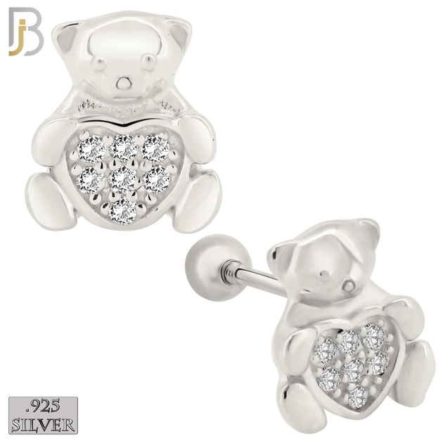 925-ES372 - Screw Ball Back - .925 Sterling Silver Bear with Pave Heart Shaped Center Stud Earrings image 1