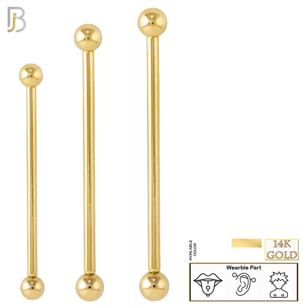 14-BB01Y14 - 14k Solid Gold 14g Barbell with Plain 5mm Ball Externally Threaded image 0