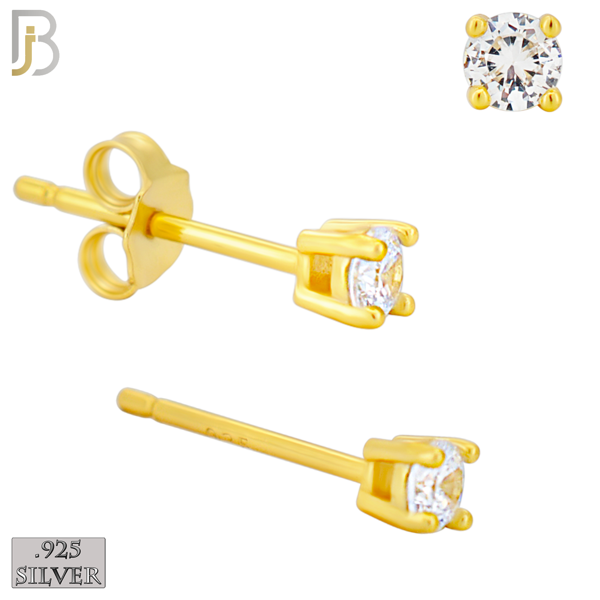 925-ES71-GC - .925 Sterling Silver Gold Plated Earring Stud Casting Round Prong Setting Clear Zircon image 2