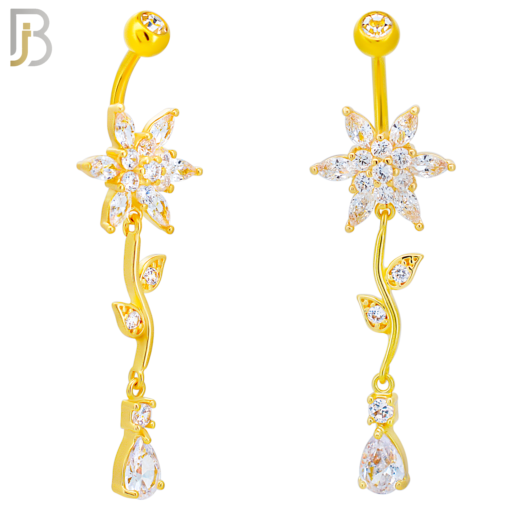N0117  - 316L Stainless Steel Flower with Vein & Pear Shaped Zircon Belly Ring and 5mm Screw Ball image 1