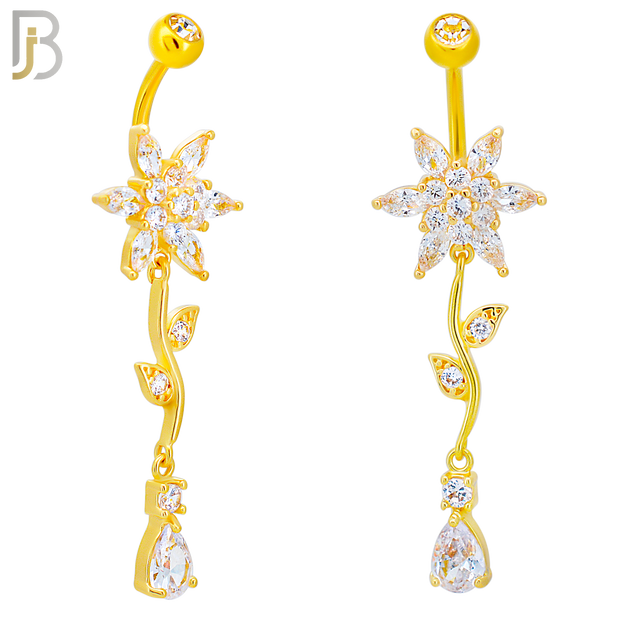 N0117  - 316L Stainless Steel Flower with Vein & Pear Shaped Zircon Belly Ring and 5mm Screw Ball image 1