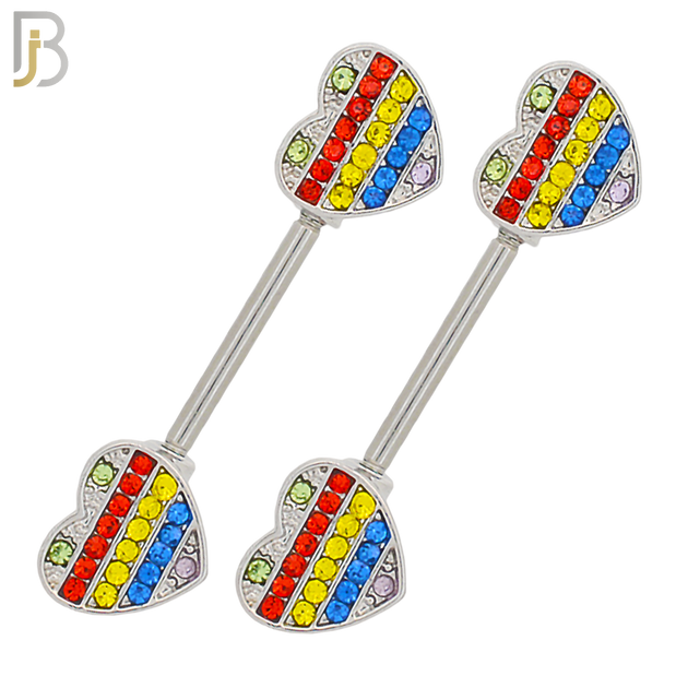 NP42 - 316L Surgical Steel Heart with Multi Colored CZ Design Externally Threaded Nipple Ring Piercing Pair image 0