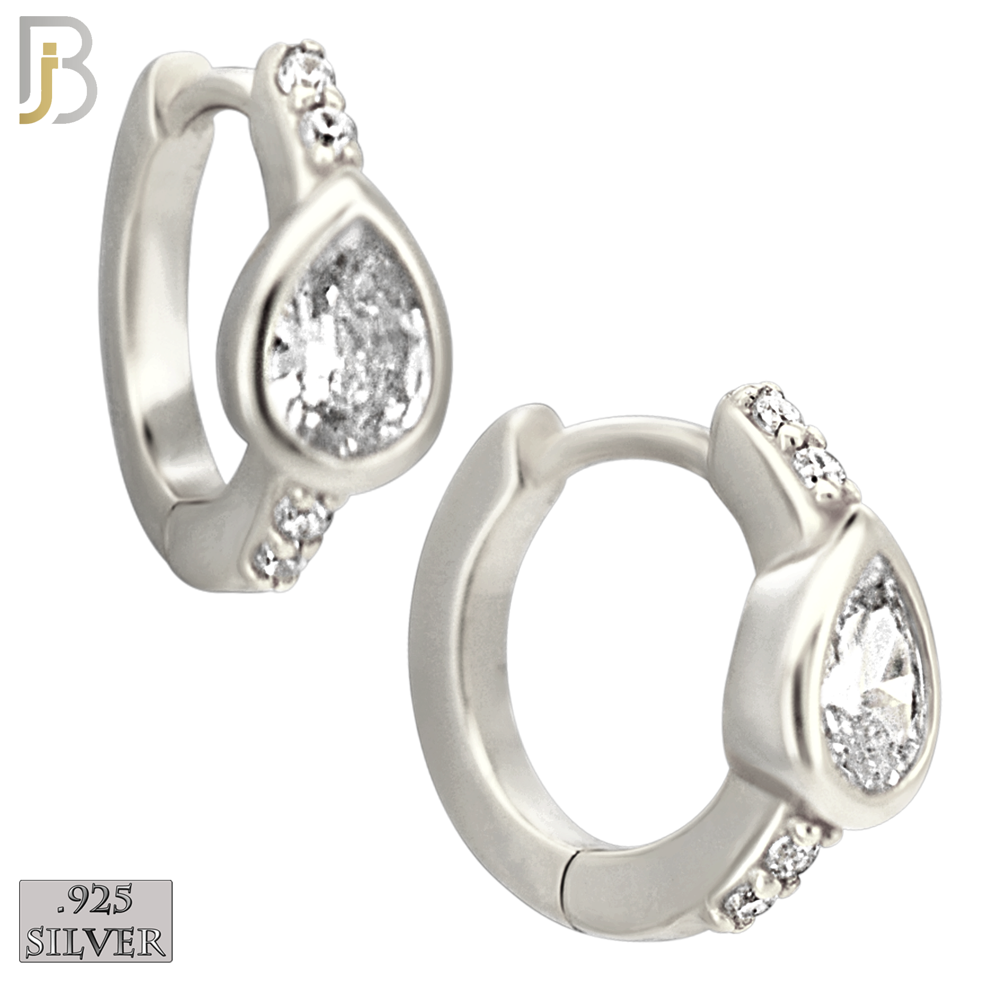 925-ES481 - 925 Sterling Silver Pear CZ in Bezel Setting with Side CZs Huggies Earrings image 1