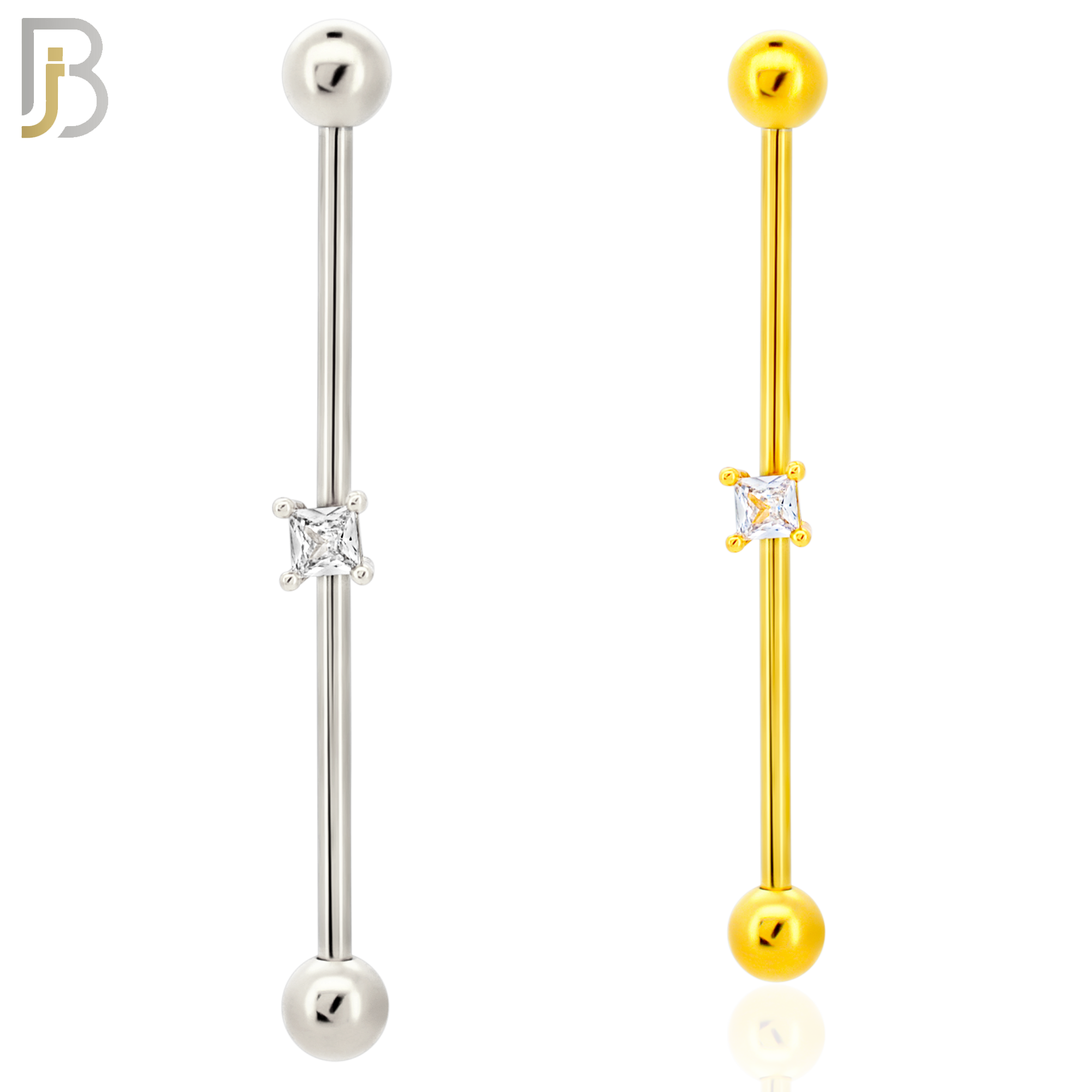 BB32 - 316L Surgical Steel Screw Bar with Brass Prong Set Square CZ Design Barbell Industrial (PACK OF 4) image 0
