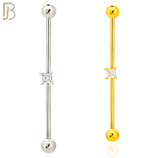 BB32 - 316L Surgical Steel Screw Bar with Brass Prong Set Square CZ Design Barbell Industrial (PACK OF 4) image 0