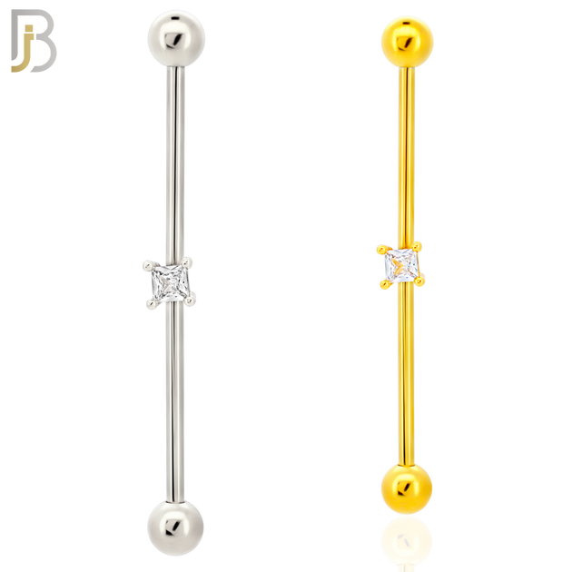BB32 - 316L Surgical Steel Screw Bar with Brass Prong Set Square CZ Design Barbell Industrial (PACK OF 4) image 0