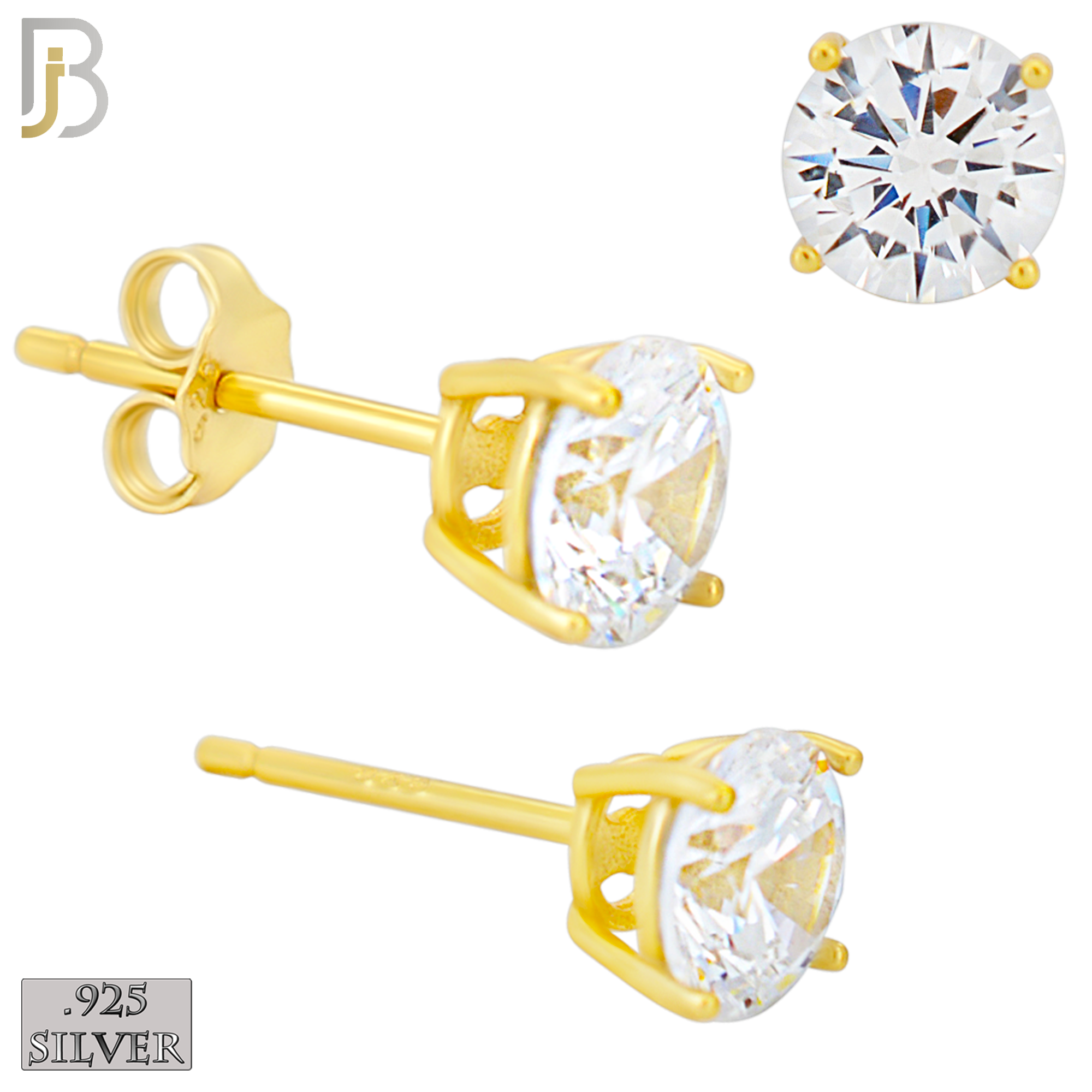925-ES71-GC - .925 Sterling Silver Gold Plated Earring Stud Casting Round Prong Setting Clear Zircon image 5