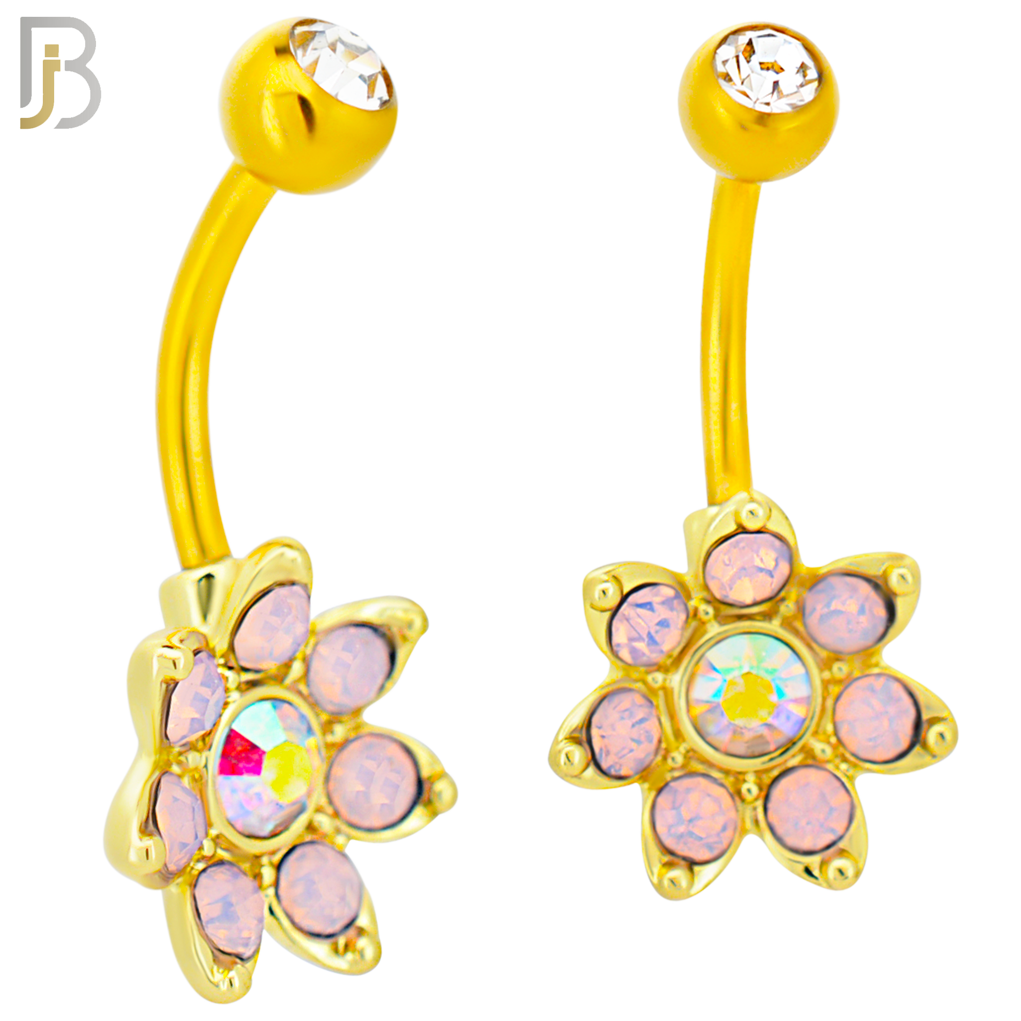 NB92 - 316L Stainless Steel Flower  Design CZ Banana Belly Ring and 5mm Screw Top image 2