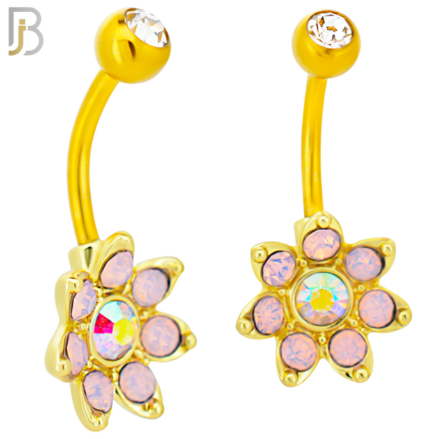 NB92 - 316L Stainless Steel Flower  Design CZ Banana Belly Ring and 5mm Screw Top image 2