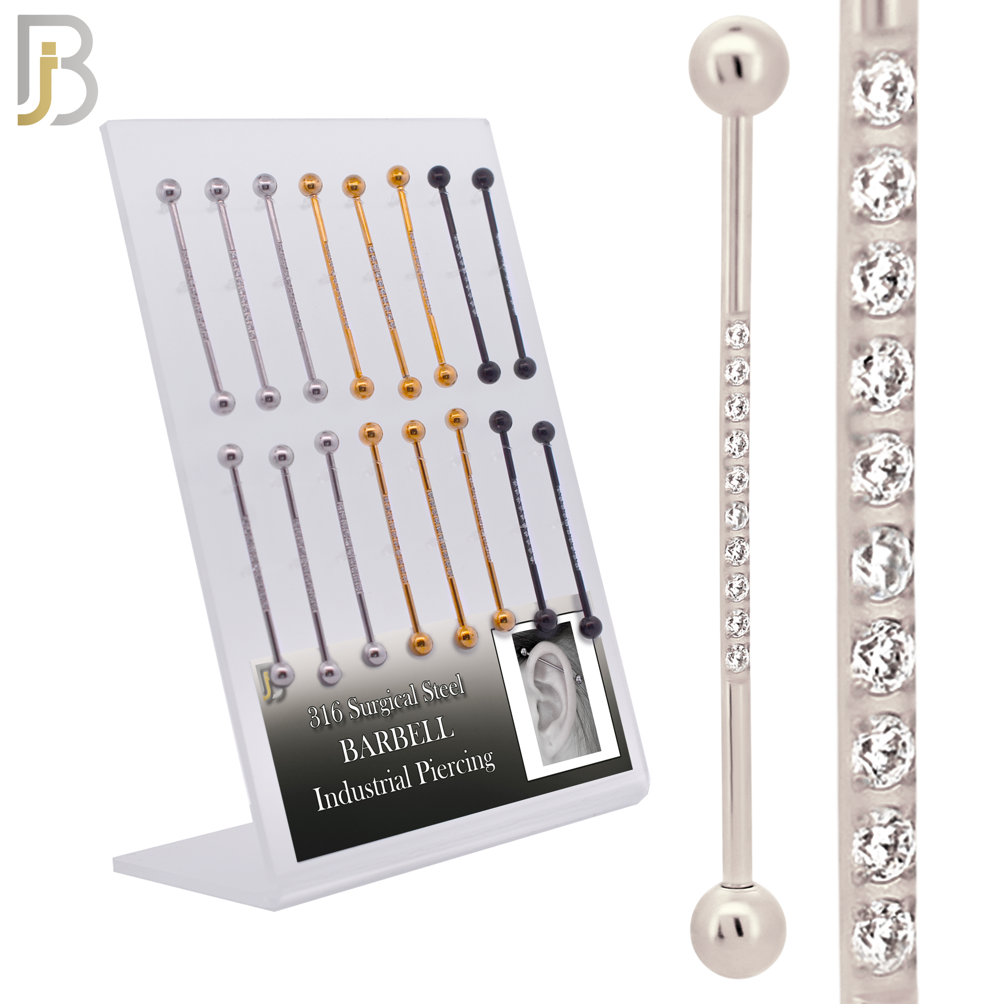 PK-BB23M-10 - 316L Surgical Steel Screw Bar 10 CZ Paved Design Barbell Industrial Pack of 16 pcs image 0