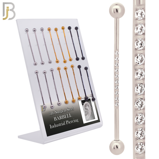 PK-BB23M-10 - 316L Surgical Steel Screw Bar 10 CZ Paved Design Barbell Industrial Pack of 16 pcs image 0