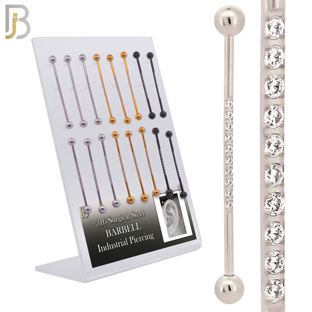 PK-BB23M-10 - 316L Surgical Steel Screw Bar 10 CZ Paved Design Barbell Industrial Pack of 16 pcs image 0