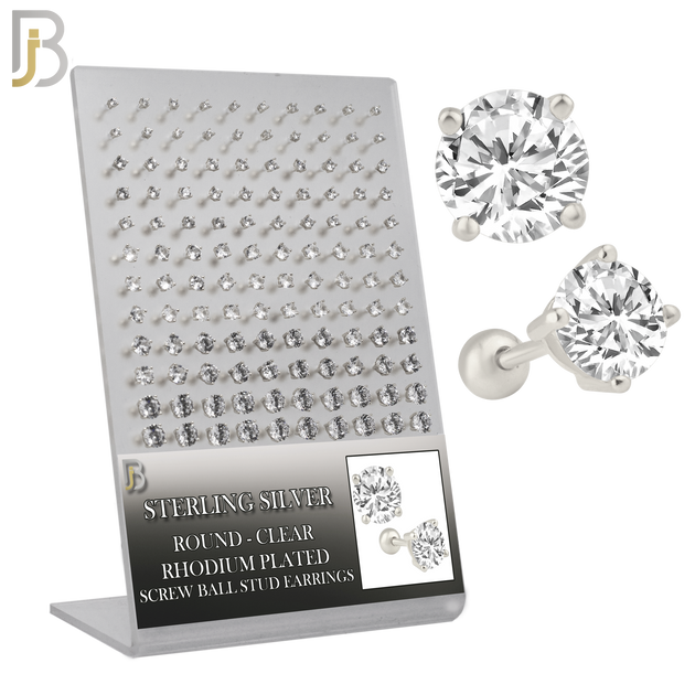 925-PK-ES311-SC - .925 Sterling Silver Earring Stud with Screw Ball Backing, Casting Prong Setting and Round Clear Zircon image 0