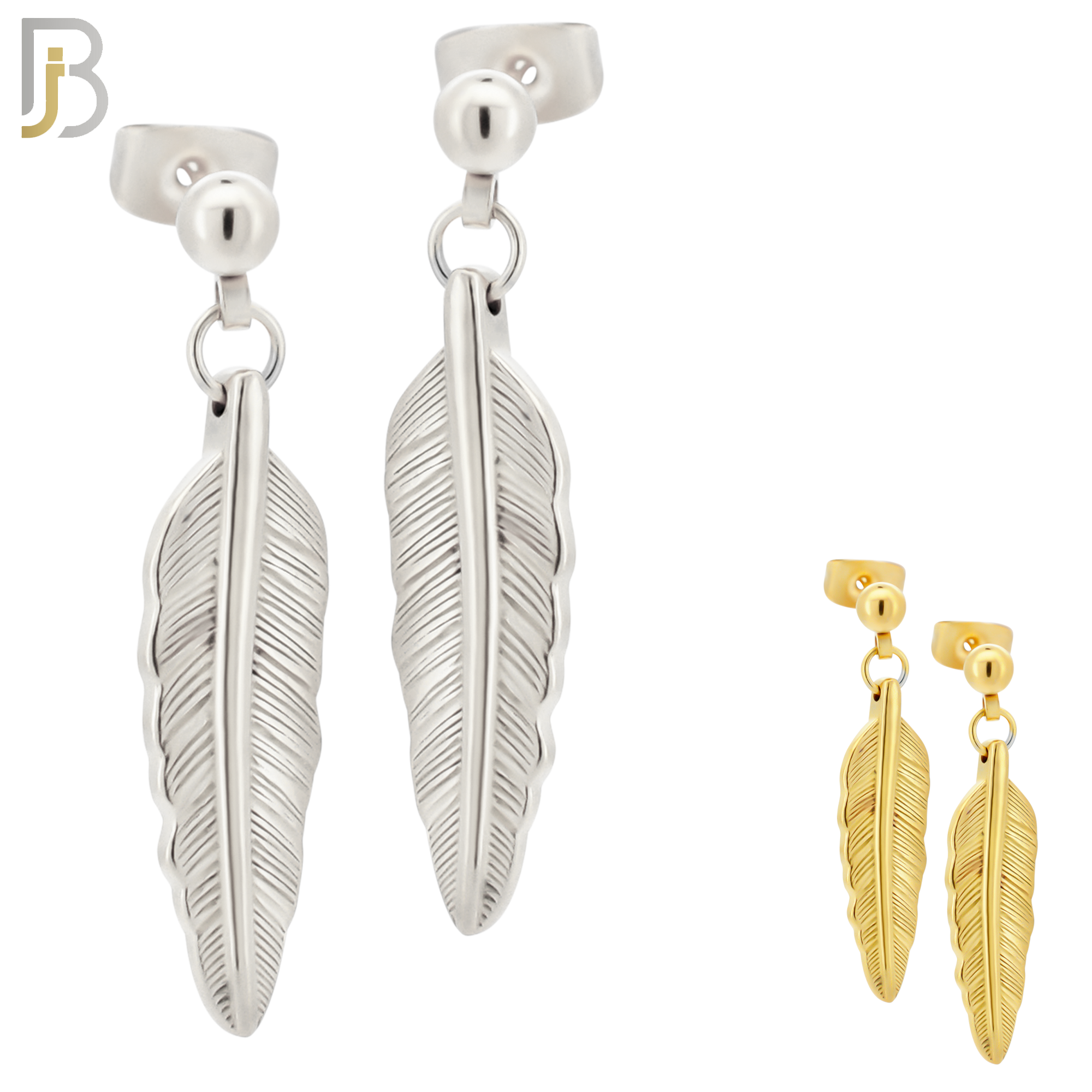 ES94 - 316L Stainless Steel Dangling 25mm Feather Design Earrings Stud 4mm Ball  image 0