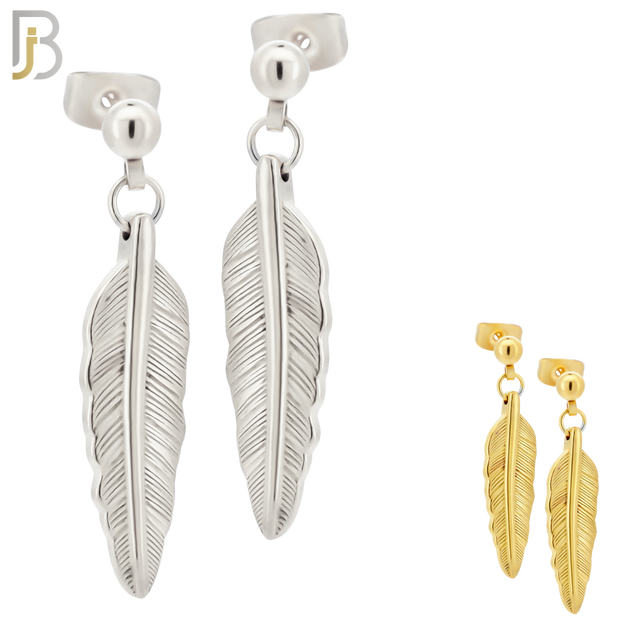 ES94 - 316L Stainless Steel Dangling 25mm Feather Design Earrings Stud 4mm Ball  image 0
