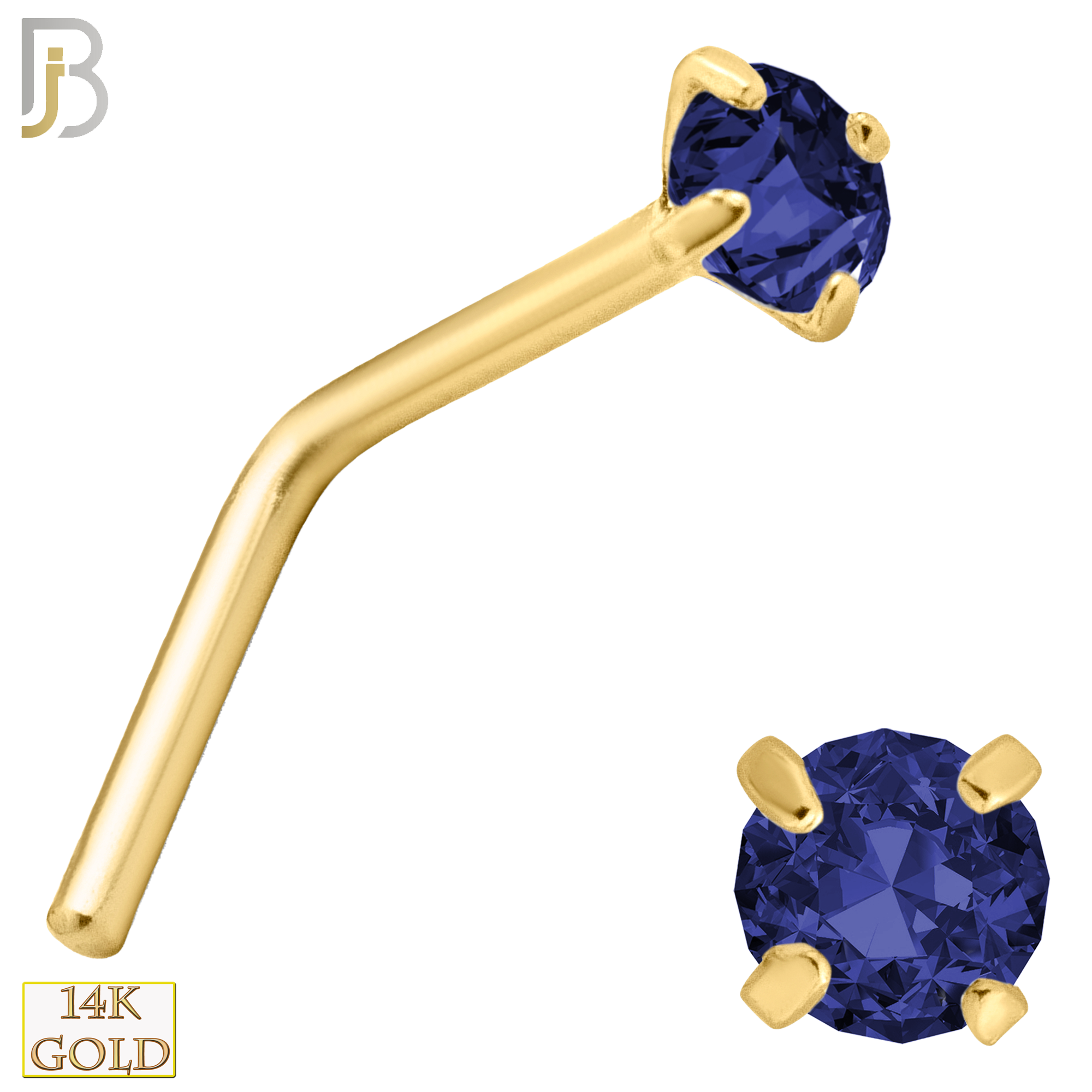 14-NR10CYS - 20g 14k Yellow Gold L-Shaped with Blue Sapphire Colored CZ - 2mm image