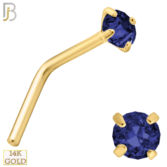 14-NR10CYS - 20g 14k Yellow Gold L-Shaped with Blue Sapphire Colored CZ - 2mm image