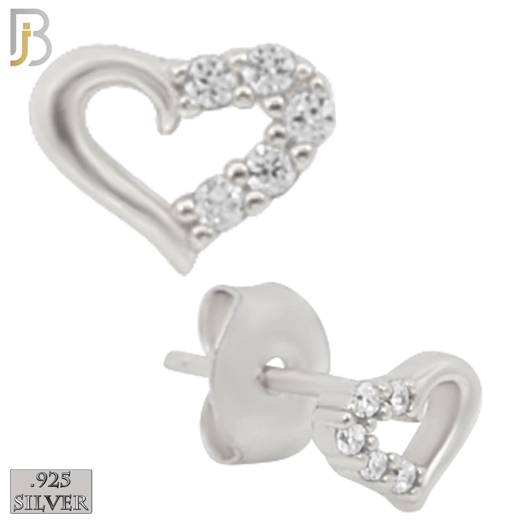 925-ES256 - .925 Sterling Silver Heart Hollow with 5 Zircon Design Earrings Stud image 1
