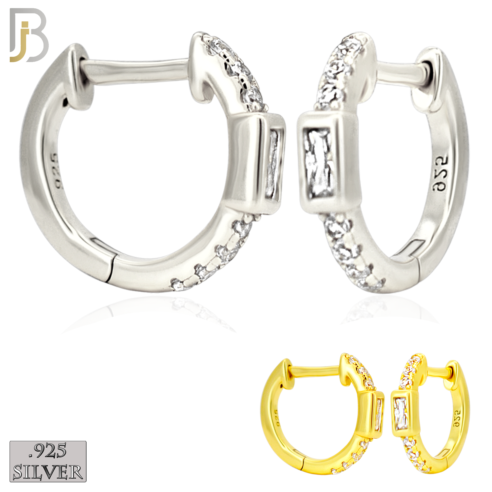 925-ES457 - 925 Sterling Silver Huggies Hoop Earrings with Baguette Zircon in Bezel Setting and Side Stones image 0