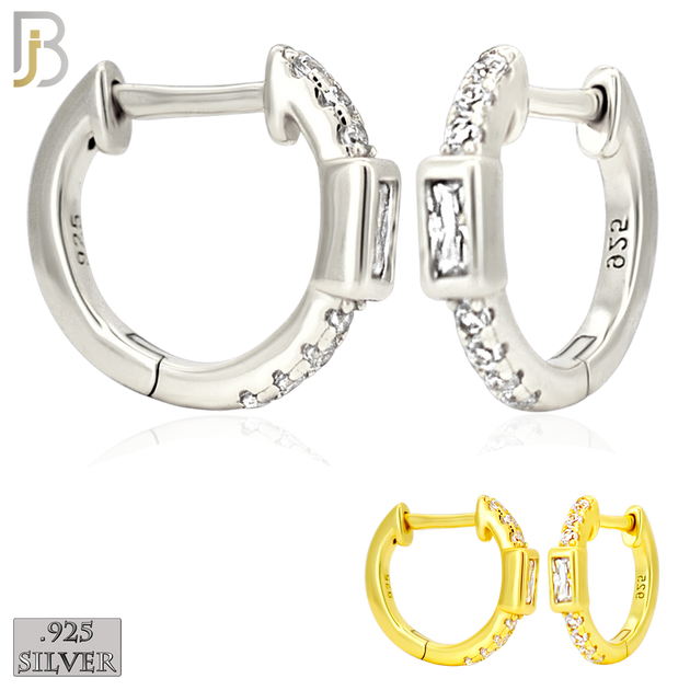 925-ES457 - 925 Sterling Silver Huggies Hoop Earrings with Baguette Zircon in Bezel Setting and Side Stones image 0