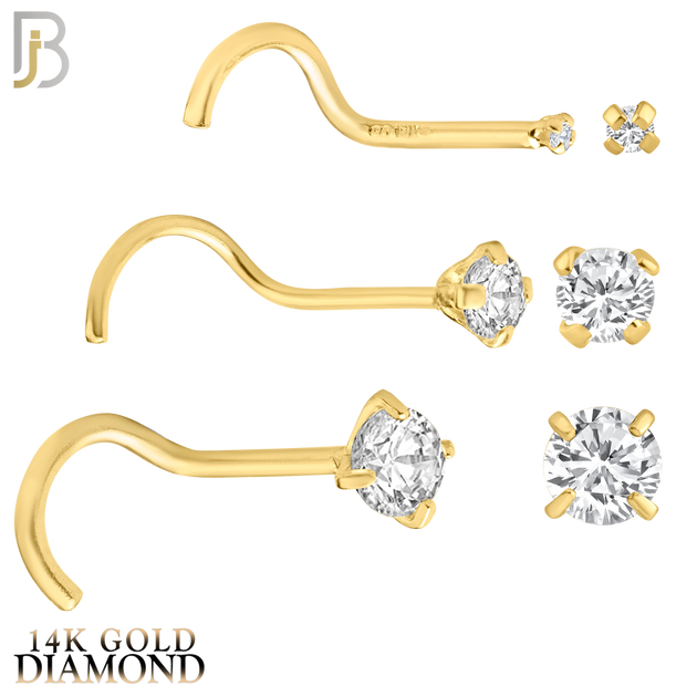 14-NR03D-20 - 20g - 14k Solid Gold Prong Setting Round Natural Diamond Nose Screw, Cork Screw image