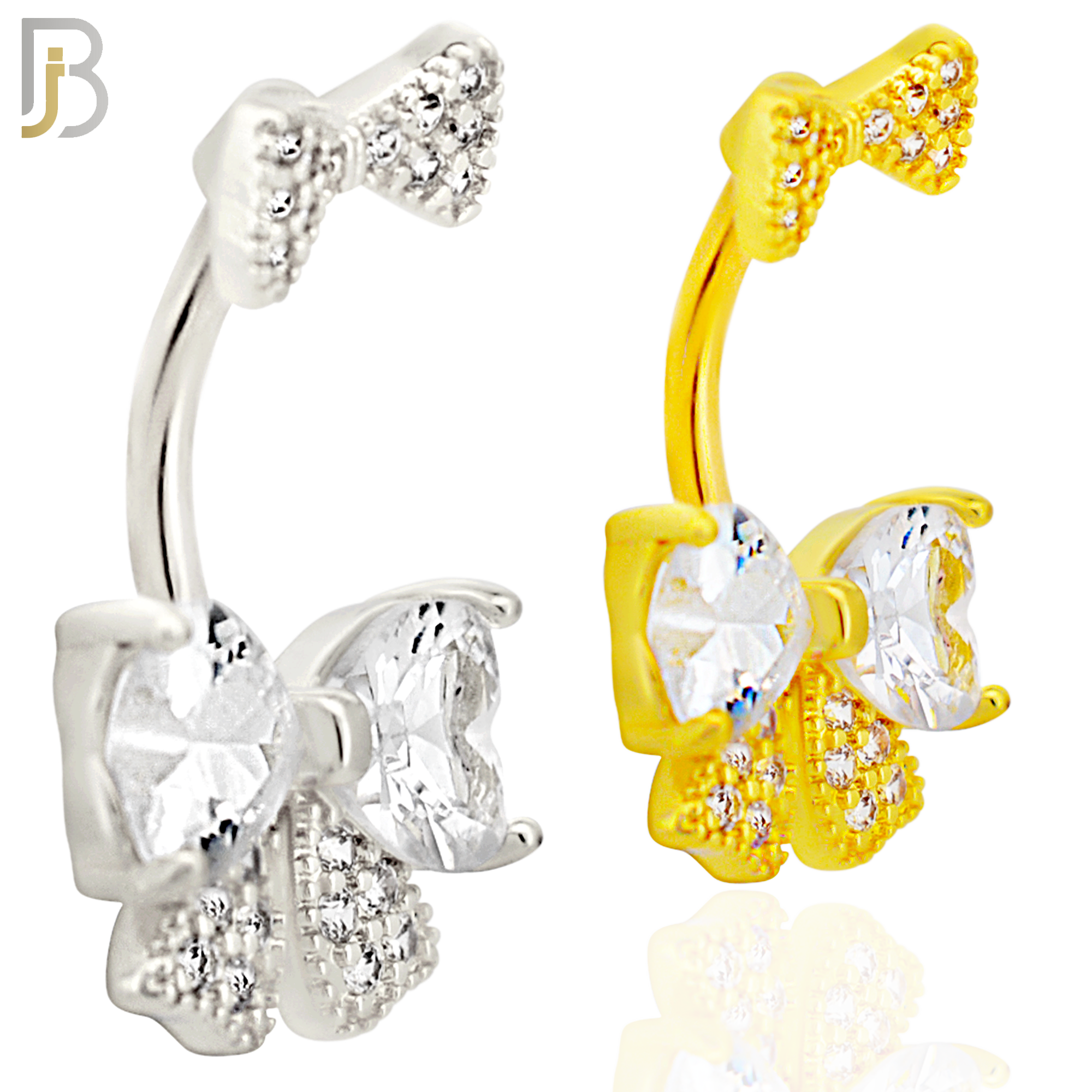 NB103 -  316L Surgical Steel Double Bow Tie with Heart Shaped CZ Center Belly Ring image 0