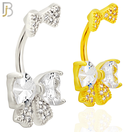 NB103 -  316L Surgical Steel Double Bow Tie with Heart Shaped CZ Center Belly Ring image 0
