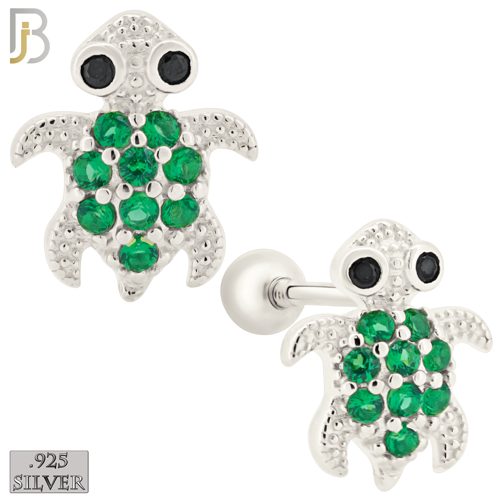 925-ES195 - Screw Ball Back - .925 Sterling Silver Turtle Design Earring Stud with Green Zircon image 1