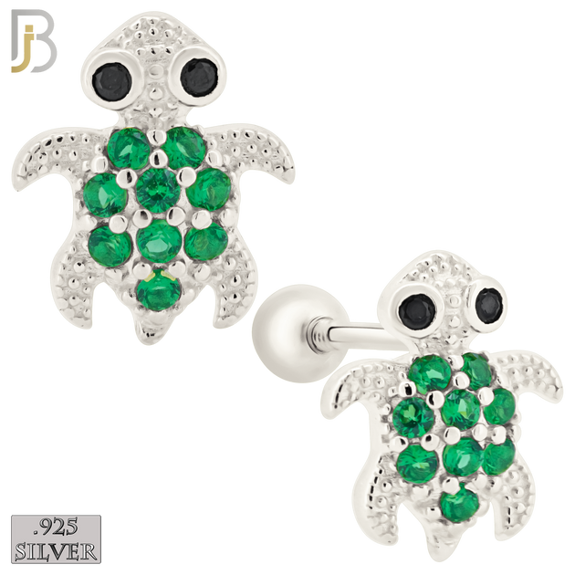 925-ES195 - Screw Ball Back - .925 Sterling Silver Turtle Design Earring Stud with Green Zircon image 1
