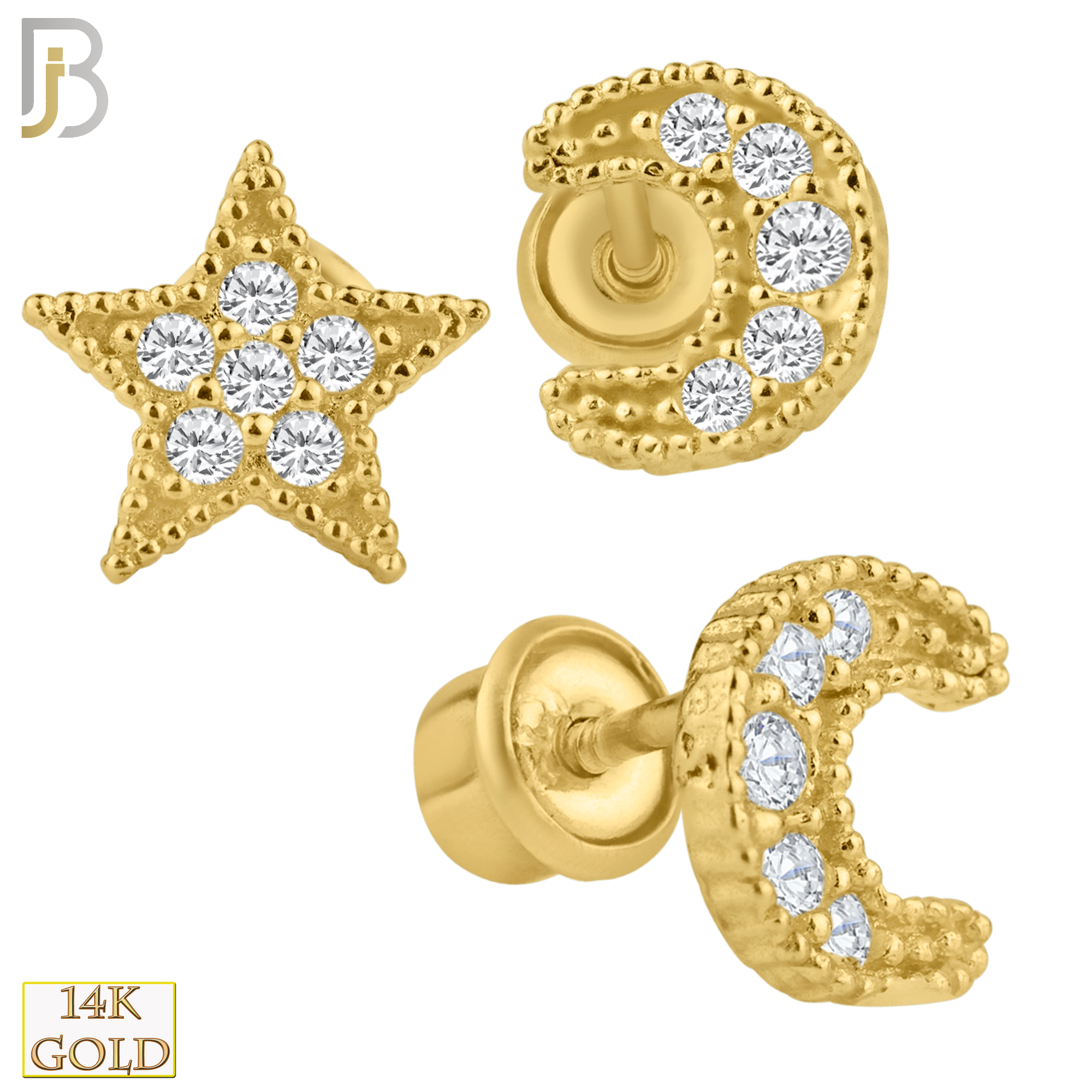 14-ES19 - 14k Solid Gold Screw Back Earring 6mm Star and 5.5x5mm Moon image 0
