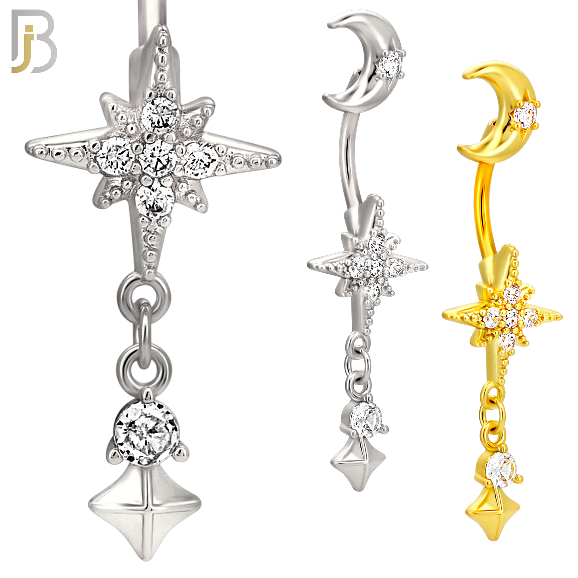 N0148 - 316L Surgical Steel Moon and Starburst Dangling Belly Ring image 0