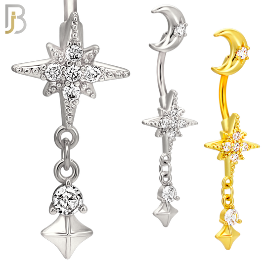 N0148 - 316L Surgical Steel Moon and Starburst Dangling Belly Ring image 0