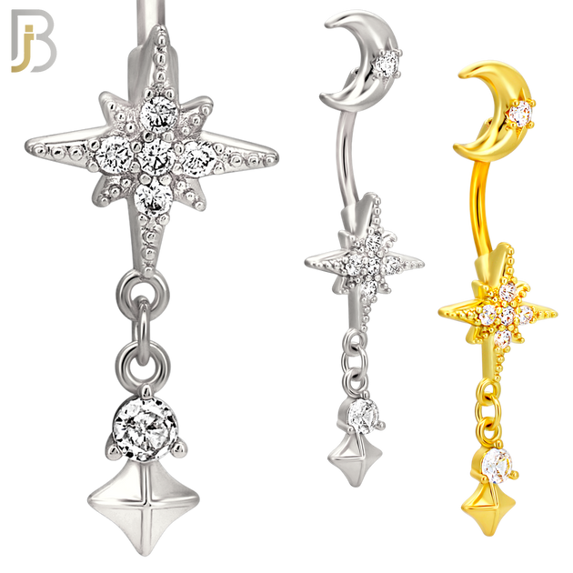 N0148 - 316L Surgical Steel Moon and Starburst Dangling Belly Ring image 0