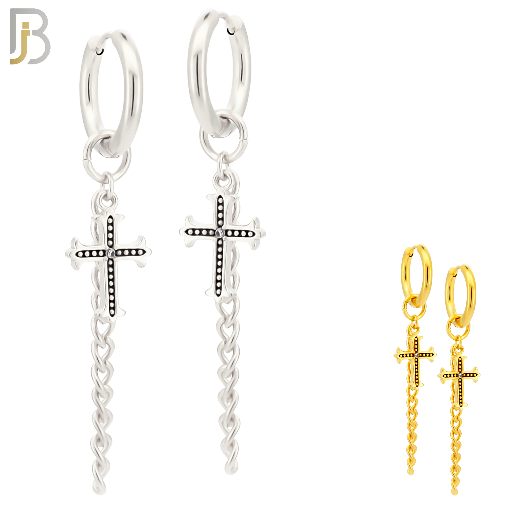 ES286 - 316L Stainless Steel Cross & Long Chain Dangle Drop Hoop Huggies Earrings image 0