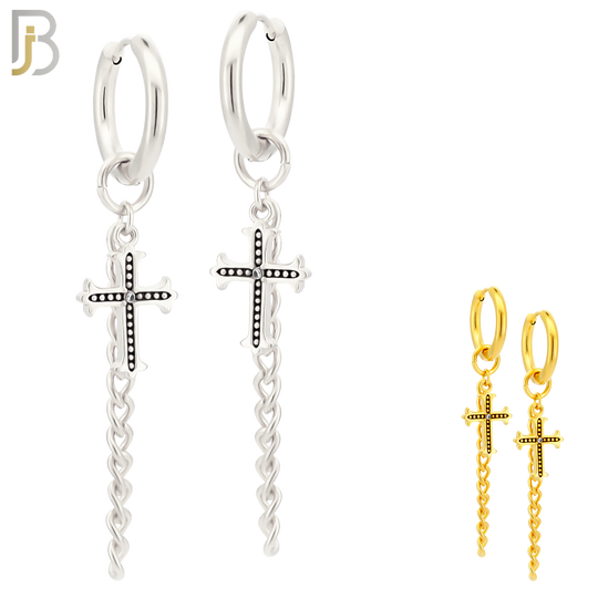 ES286 - 316L Stainless Steel Cross & Long Chain Dangle Drop Hoop Huggies Earrings image 0