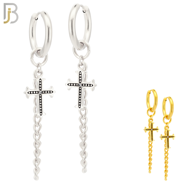 ES286 - 316L Stainless Steel Cross & Long Chain Dangle Drop Hoop Huggies Earrings image 0